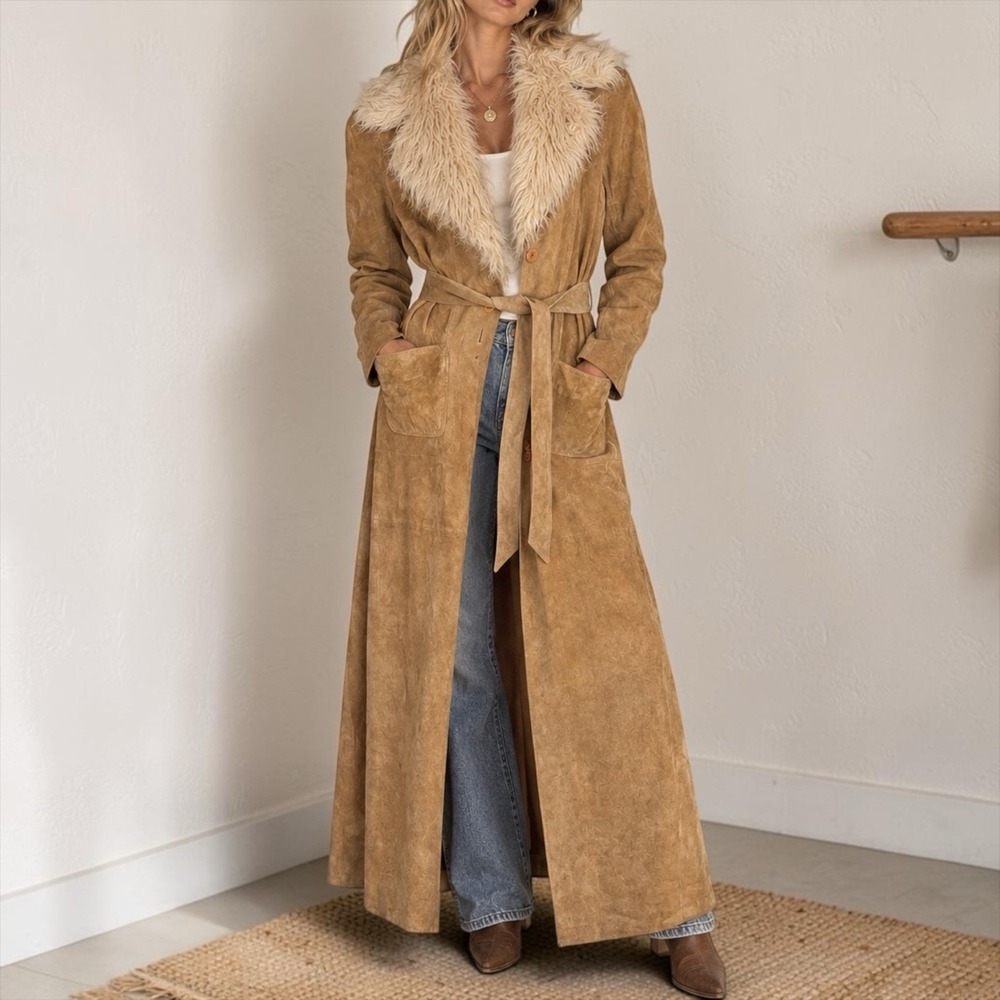 Vtg 90s Y2K Arden B. Brown Suede Penny Lane Coat Faux Fur Trim Boho Afghan Sz M